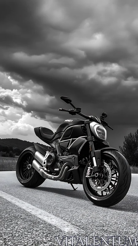 Black sport motorcycle on rural road under storm clouds.