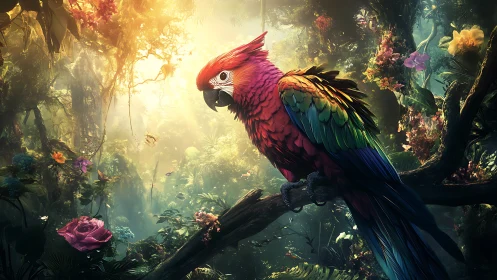 Multicolored parrot perches on branch in dense forest light