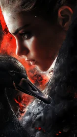 Woman and black swan merge in a fierce, fiery connection