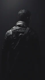 Armed soldier in dark tactical gear seen from behind.