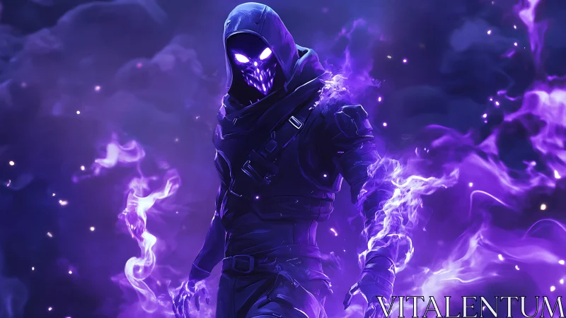 Hooded spectral assassin strides through luminous violet plasma