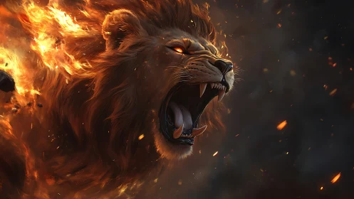 Infernal lion portrait with blazing mane and embers surging.