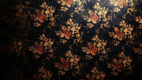 Dark textile surface with dense vintage floral pattern.