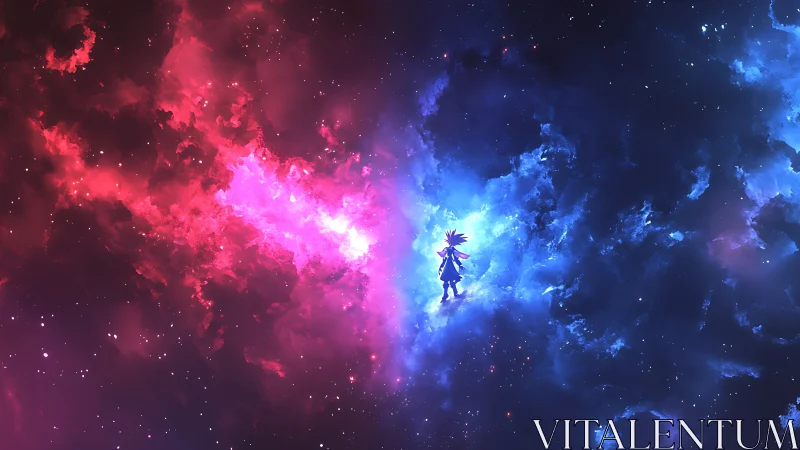 Biped silhouette between bifurcated nebular chroma fields.