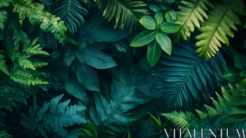 Dense tropical foliage rendered with high-contrast tonal separation