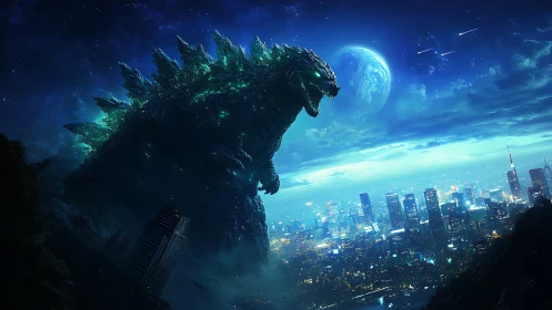 Gigantic reptilian creature towers over illuminated cityscape