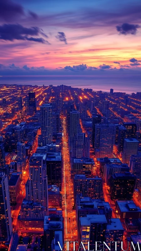 Sunset-lit city avenues glowing under electric twilight.
