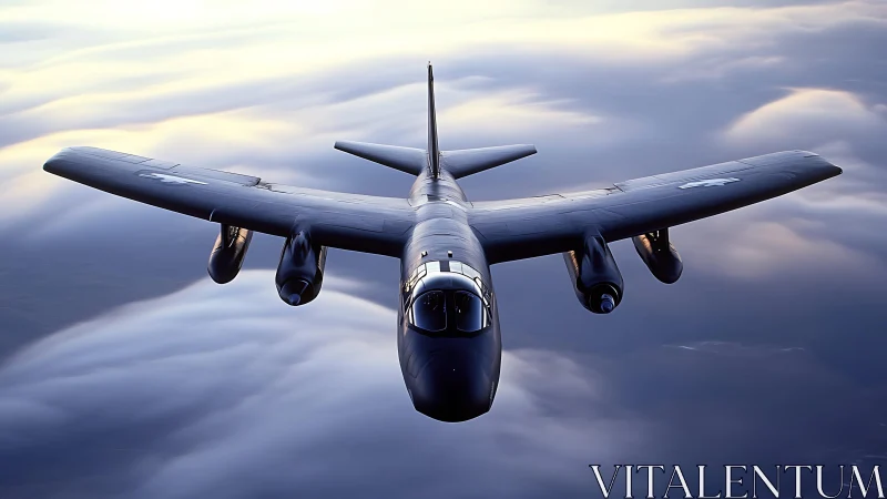 Sleek military jet glides calmly above soft evening clouds