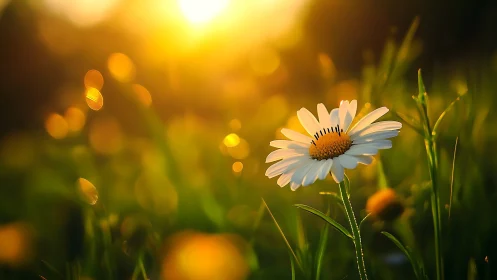Single daisy glowing in warm golden summer backlight.