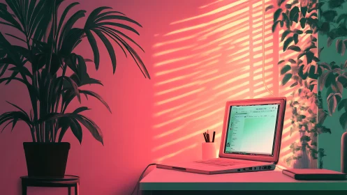 Sunlit laptop workspace in neon coral home office corner.