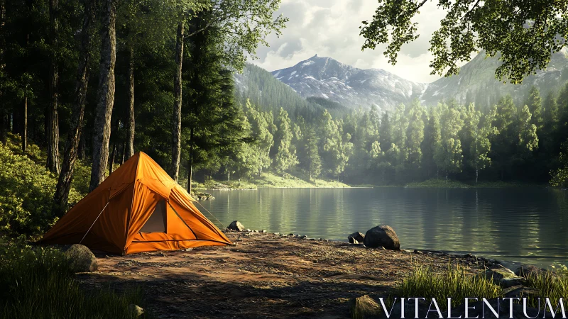 Sunny forest campsite invites quiet rest beside calm lake