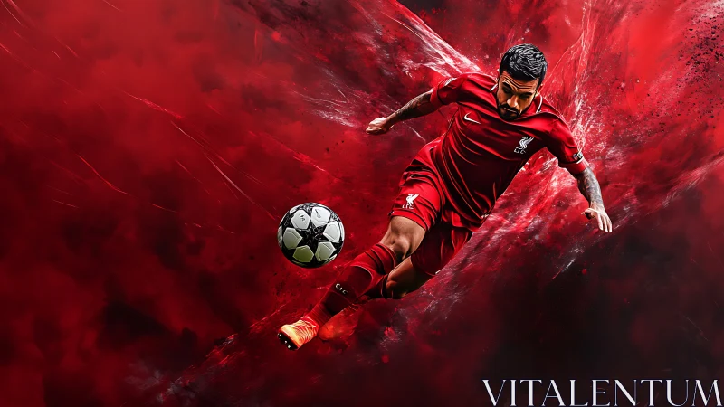 Soccer forward drives ball through explosive red motion