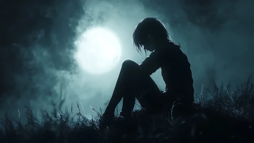 Solitary silhouette under luminous full moon haze.