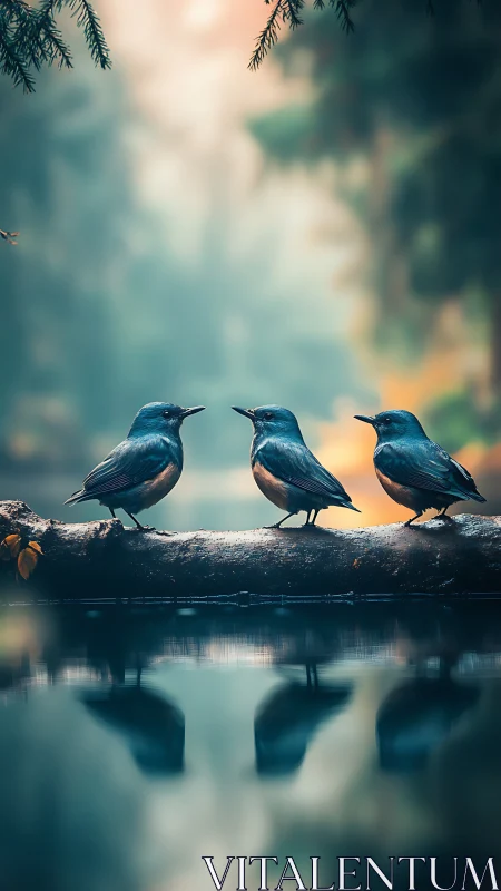 Morning song gathers three little birds above quiet water