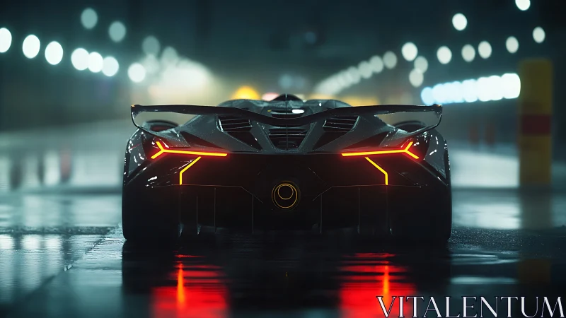 Futuristic hypercar rear view in neon lit rainy tunnel.