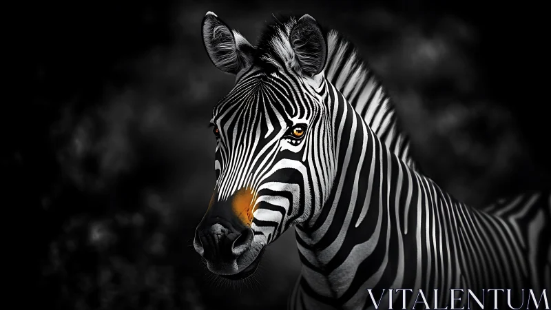 Zebra portrait with glowing orange eyes on dark background.