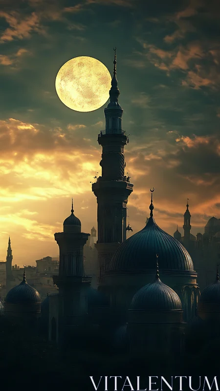 Moonlit mosque skyline with domes and towering minaret.