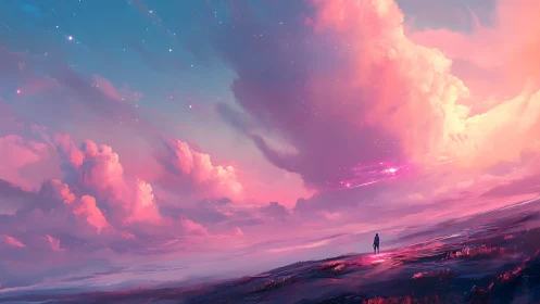 Solitary figure under expansive pink and blue skyscape.