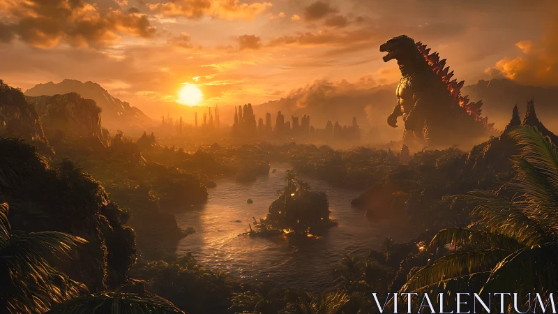 Colossal reptilian figure in tropical river valley at sunset.