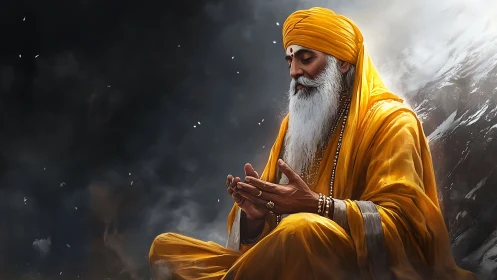 Elderly robed man meditates in orange garments outdoors.