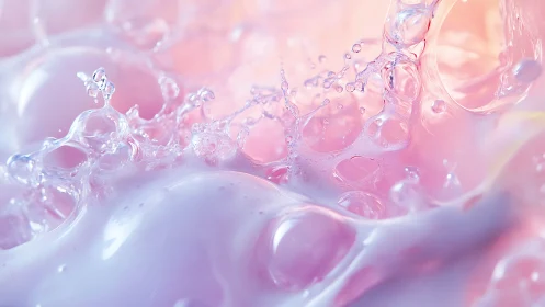Macro view of pastel liquid splashes and translucent bubbles.