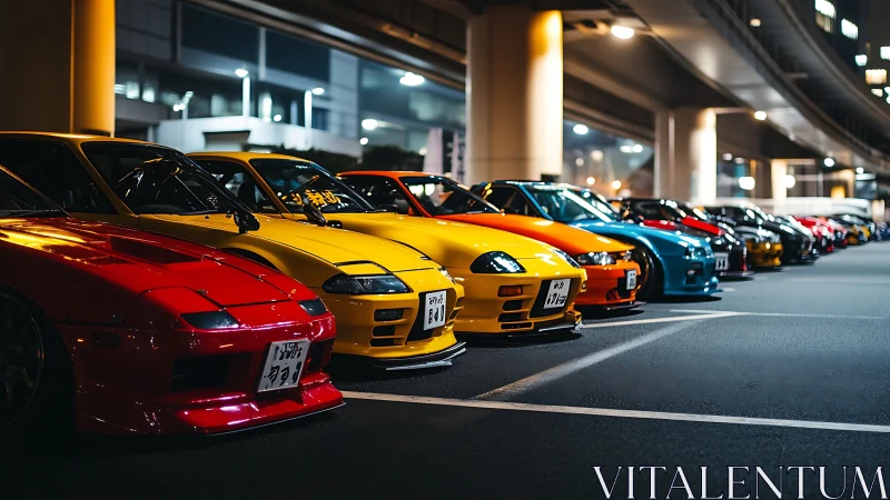 Modified Japanese sports cars line brightly lit urban lot