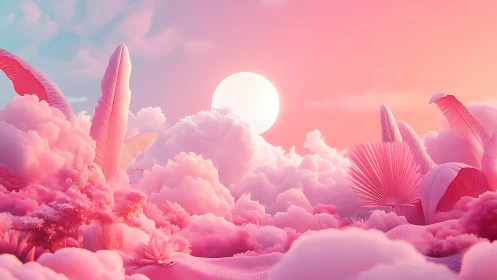 Dreamy pink cloud garden glows softly under a rising sun