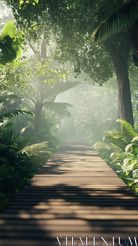 Wooden walkway through dense tropical vegetation and mist