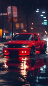 Red widebody street truck in nocturnal rain reflection study.