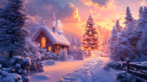 Snowy cabin glows beside illuminated winter Christmas tree.