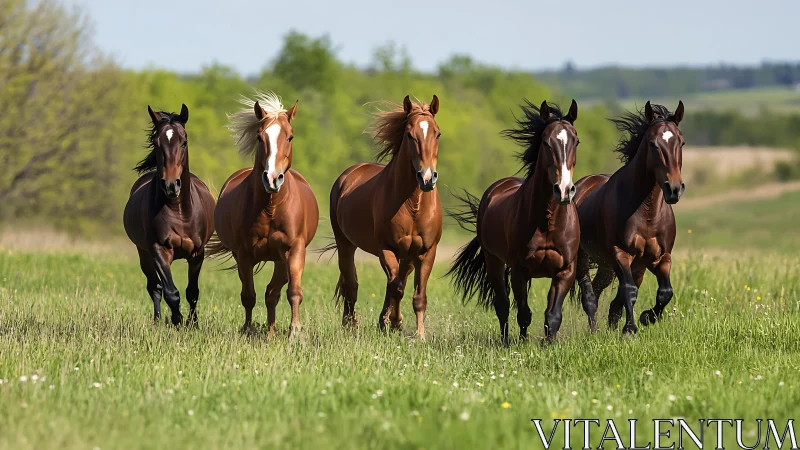 Group of horses running across open green meadow field.