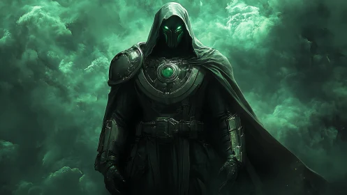 Emerald warlock in armored cloak amid swirling storm clouds.
