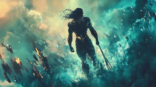 Ocean storm warrior strides through glowing tidal chaos.