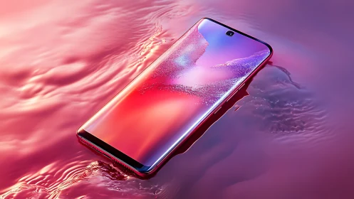 Sleek bezel-less smartphone floats on liquid surface with reflective glare
