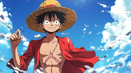Straw hat adventurer under radiant summer sky portrait.