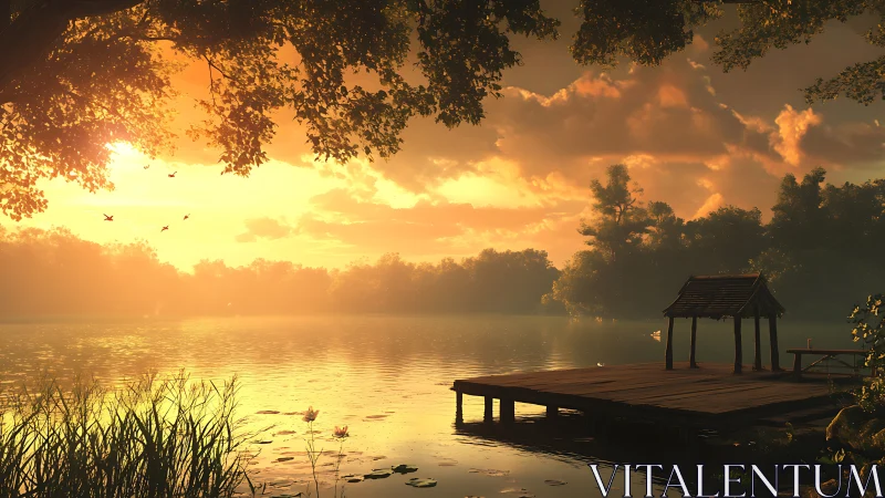 Golden hour lakeside jetty rendered with atmospheric depth