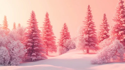 Blush-tinted winter pines glowing in sugary sunrise hush.
