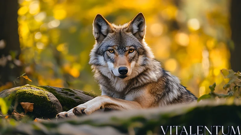 Autumn throne for a golden-eyed forest wolf sentinel.