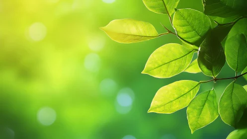 Sunlit green leaves with vivid bokeh forest backdrop.