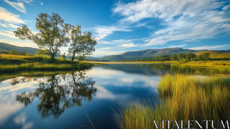 Serene mountain lake reflection under expansive summer sky