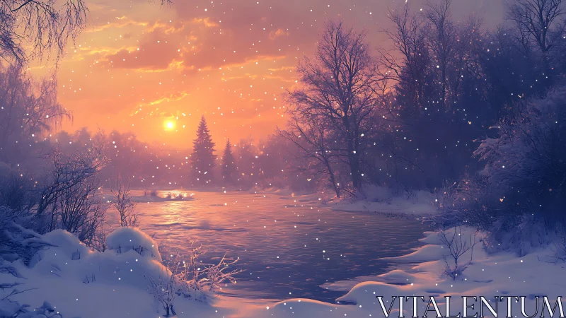 Soft winter river at sunset wrapped in gentle falling snow.