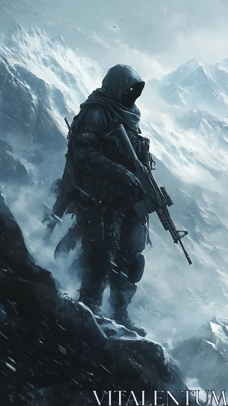 Lone winter scout standing strong in the icy mountain storm.