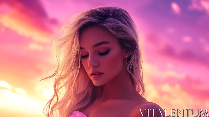 Dreamy blonde portrait under radiant magenta sunset sky.