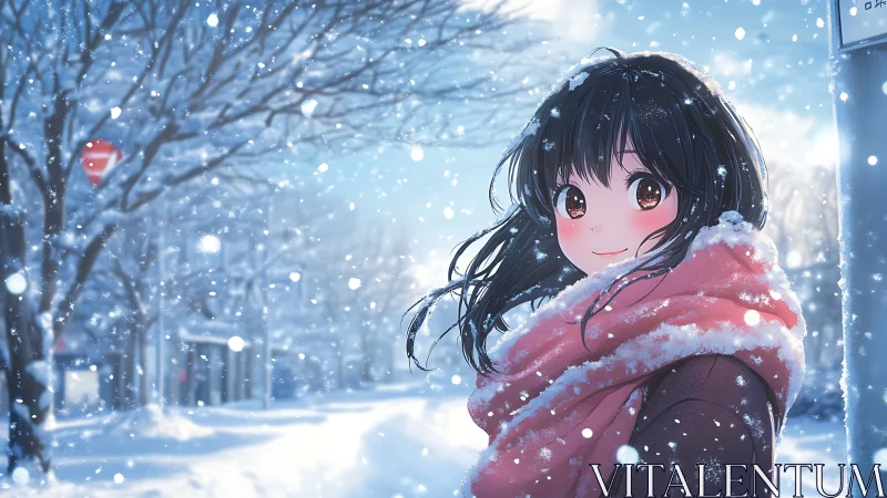 Smiling anime girl in snowy street with pink scarf detail.