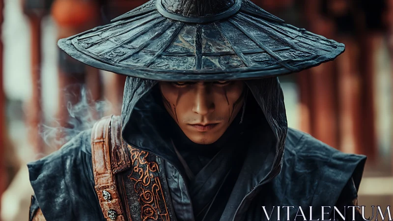 Brooding wanderer in shadowed hat and ornate leather gear.