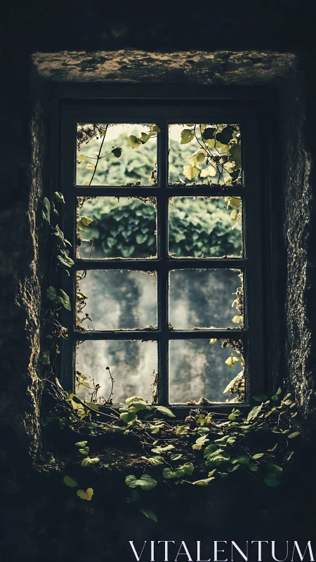 Old stone window framed by creeping ivy and soft light.