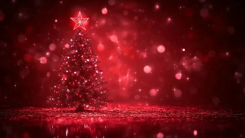 Glowing red Christmas tree casting warm festive sparkle.
