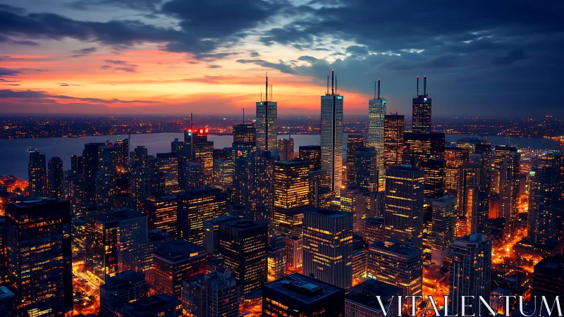 High-rise urban skyline illuminated under dramatic sunset cloudfield