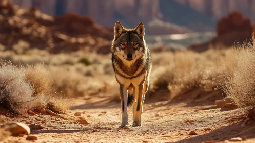 Desert twilight crowns a lone wolf with molten silence