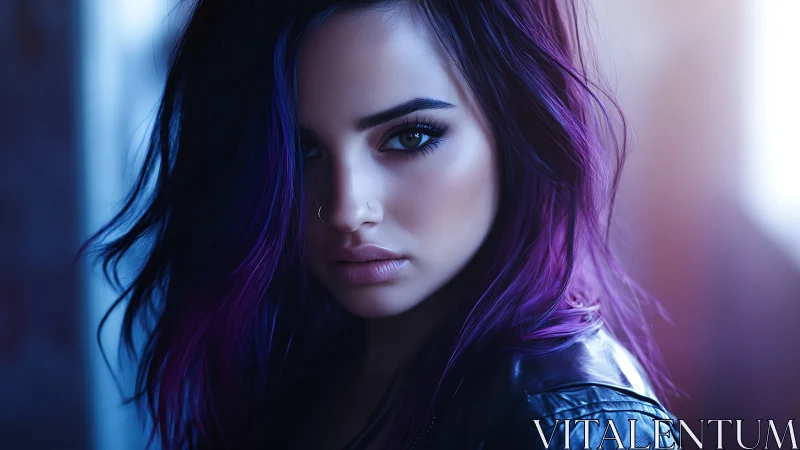 Moody portrait of a purple haired woman in neon twilight